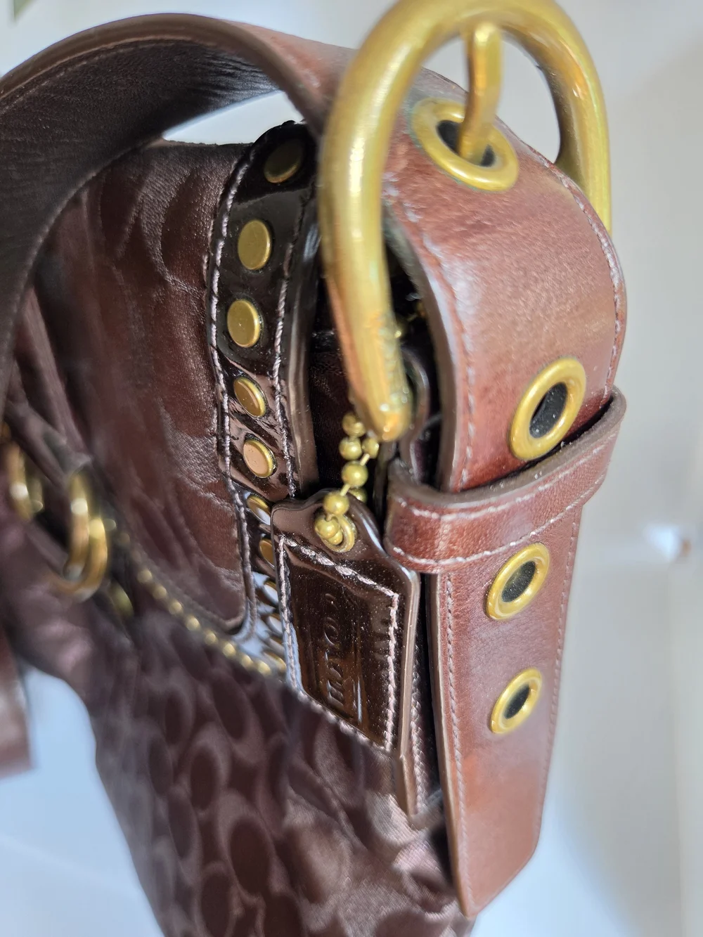 Coach Brown Signature Monogram Shoulder Bag with Gold Stud Accents, Dust Bag,Y2K